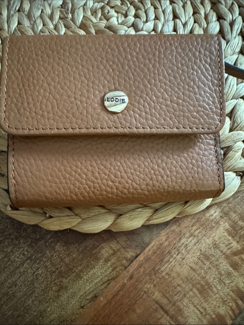 Lodis Tan Pebbled Leather Wallet with Logo Snap